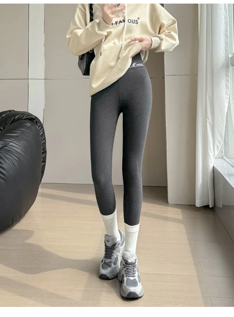 Winter-Kaschmir-Leggings für Damen, solide warme Leggings, hohe Taille, schlanke, dehnbare Hose, große Größe, Hinzufügen von Samt und Verdickungshosen – Detail 14