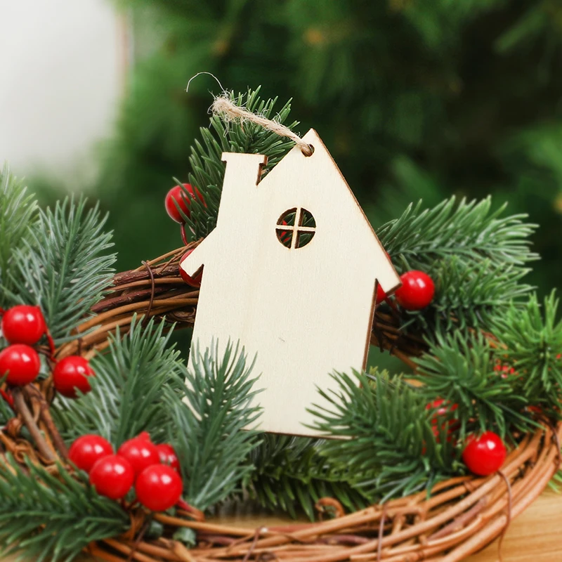 10pcs Christmas House Wooden Pendant Ornaments Xmas Tree Hanging Decoration DIY Wood Chip Crafts For Home New Year Party Navidad