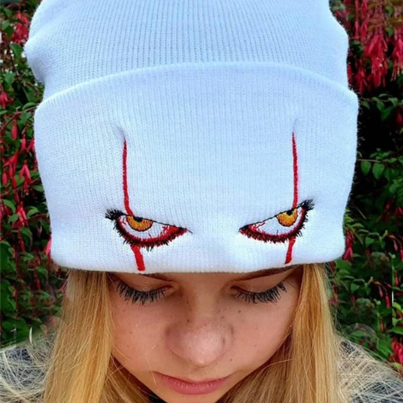 Embroidered Woolen Beanies Hat Scary Clown Eyes Cosplay Knitted Women Autumn Winter Outdoor Warm Hip Hop Sport Fashion Ski Cap