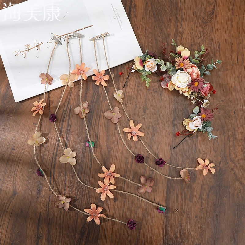 Women Girls Vine Flower Headband Bride Flower Crown Hairband Tassel Hairpin Wedding Party Spring New Wreath Hair Accessories