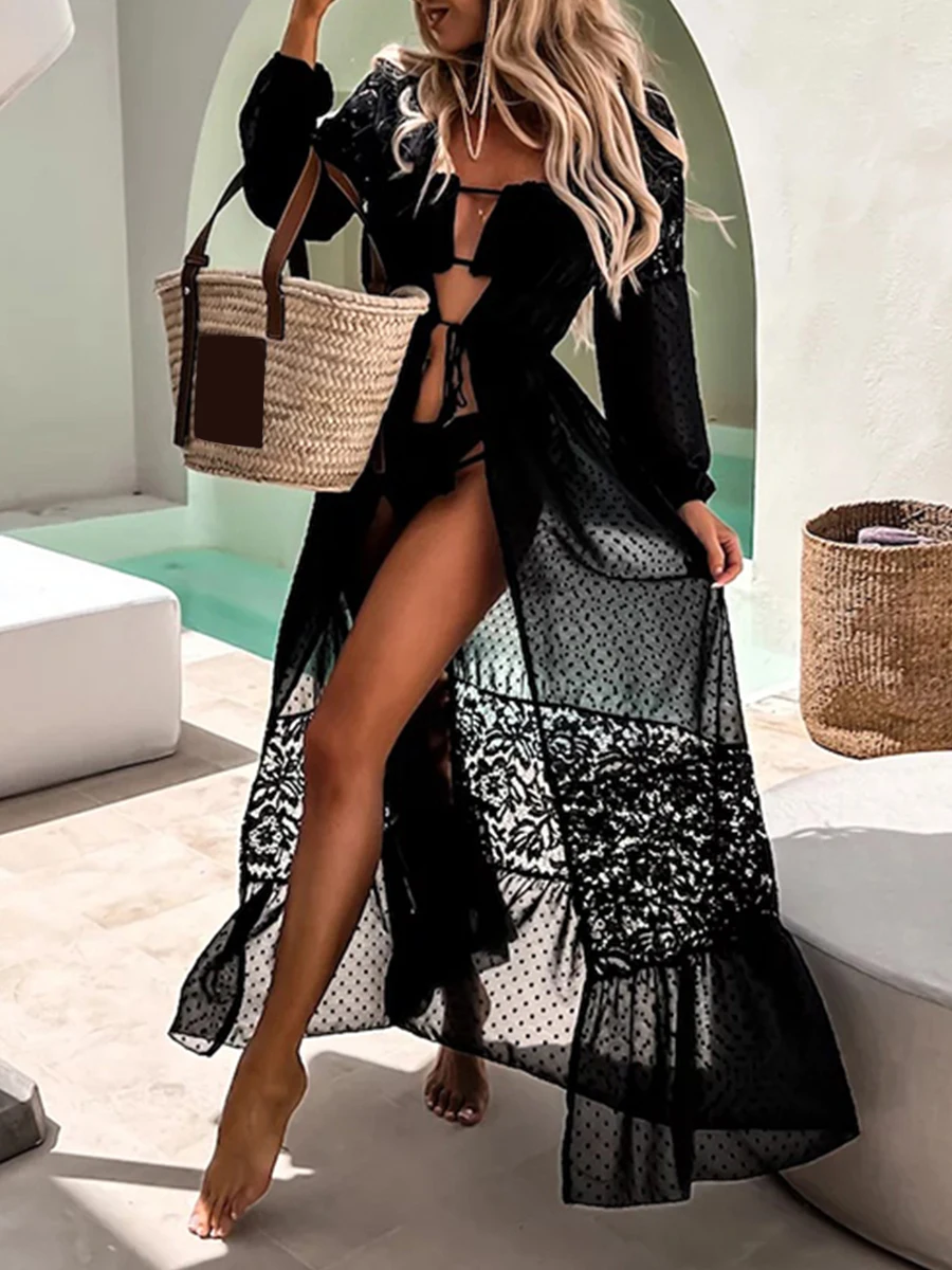 

Women s Beachwear Cover-Up Sheer Lace Kimono Cardigan with Floral Embroidery and Tie-Up Front Detail for Summer Vacation