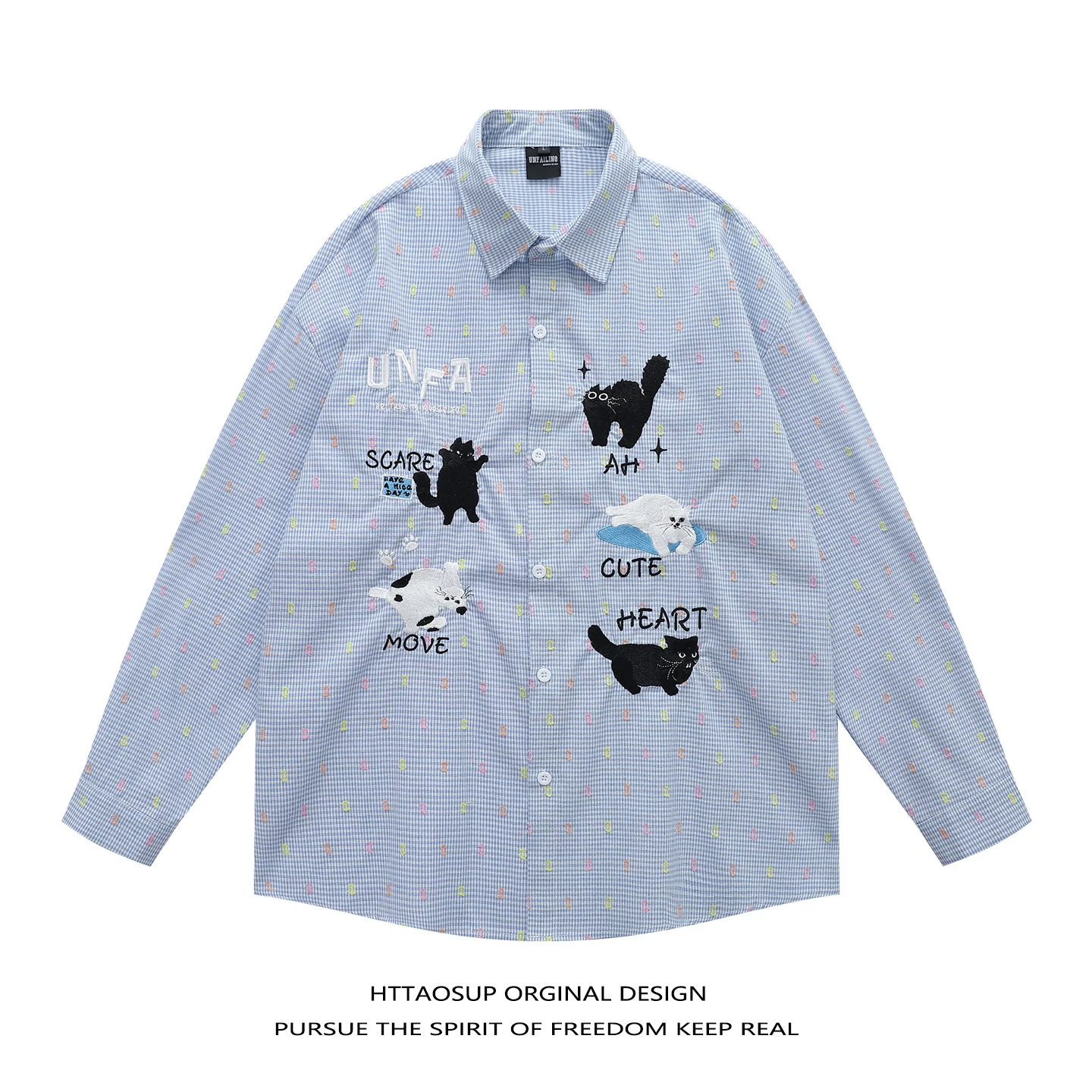 

HTTAOSUP Autumn New Loose Casual Unisex Towel Embroidery Small Long Sleeve Plaid Shirt Comfortable Breathable Cotton Poly...