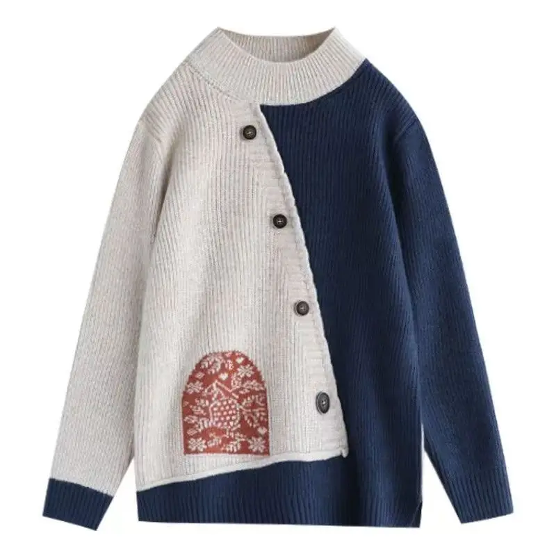 Vintage Autumn Winter New Sweaters Pullovers Women\'sMock Neck Contrast Color Patchwork Button Fashion Long Sleeve Knitted Tops