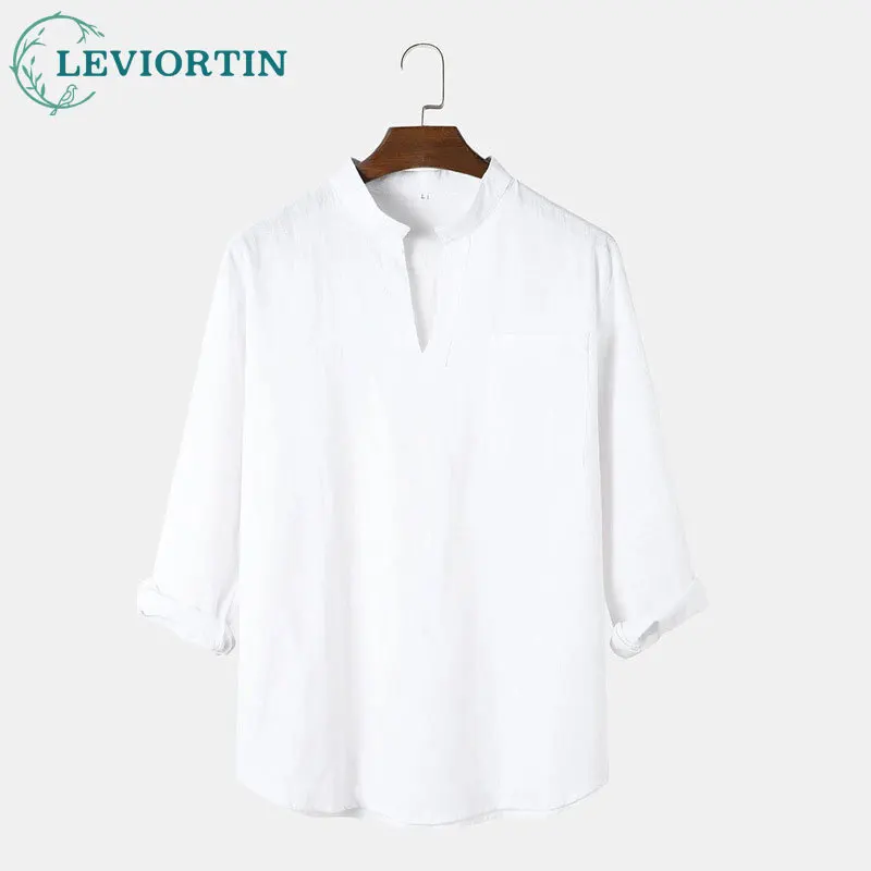 2025 Summer New Men's Fashion Urban Leisure Versatile Small V-neck Solid Color Loose Comfortable Long Sleeve Shirt LR-68