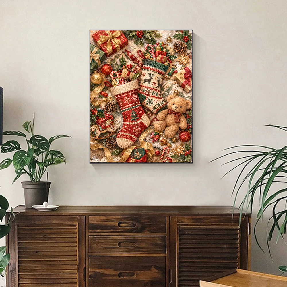 5D Full Drill Diamond Painting Kit Christmas Teddy Bear Stocking Fireplace Scene Mosaic Embroidery Kit Home Decor Holiday Gift