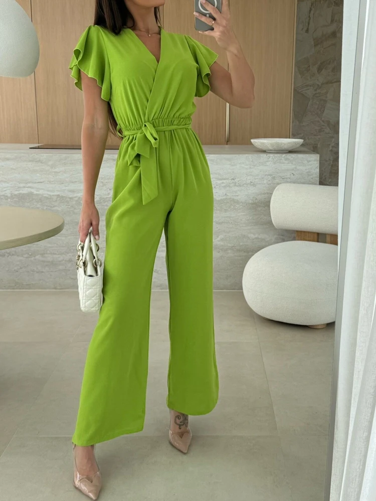 

Summer Elegant Solid V-neck Jumpsuit with Ruffle Casual Lace Up Elastic Waistband Jumpsuit Plus Size Women's Clothing 8066