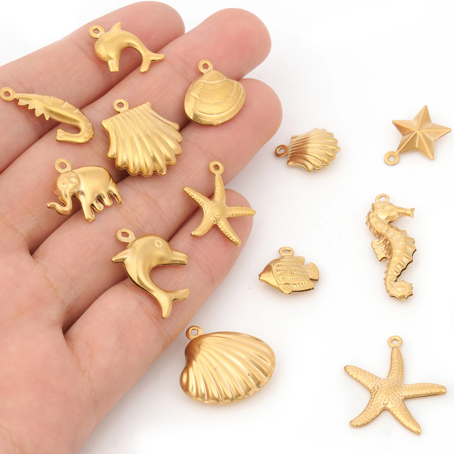 Stainless Steel Gold Color Scallop Fish Starfish Seahorse Shape Pendant Fashion Jewelry Making DIY Bracelets Earrings Accessory