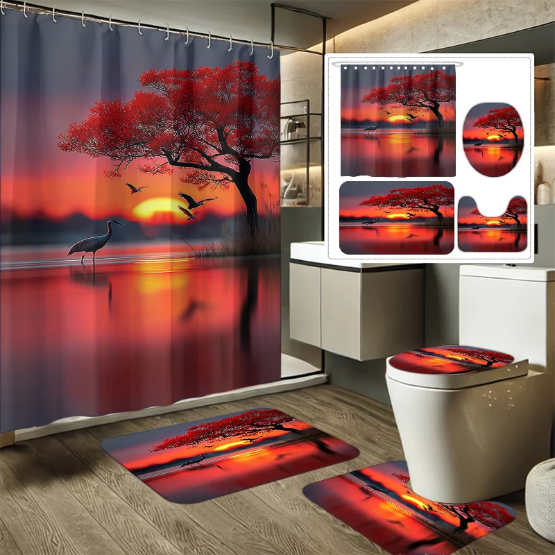 

4 шт., комплект занавесок для душа с принтом «Осенний лес, закат, кольцевая занавеска для душа, разные размеры, декоративный набор для ванной комнаты, в комплект