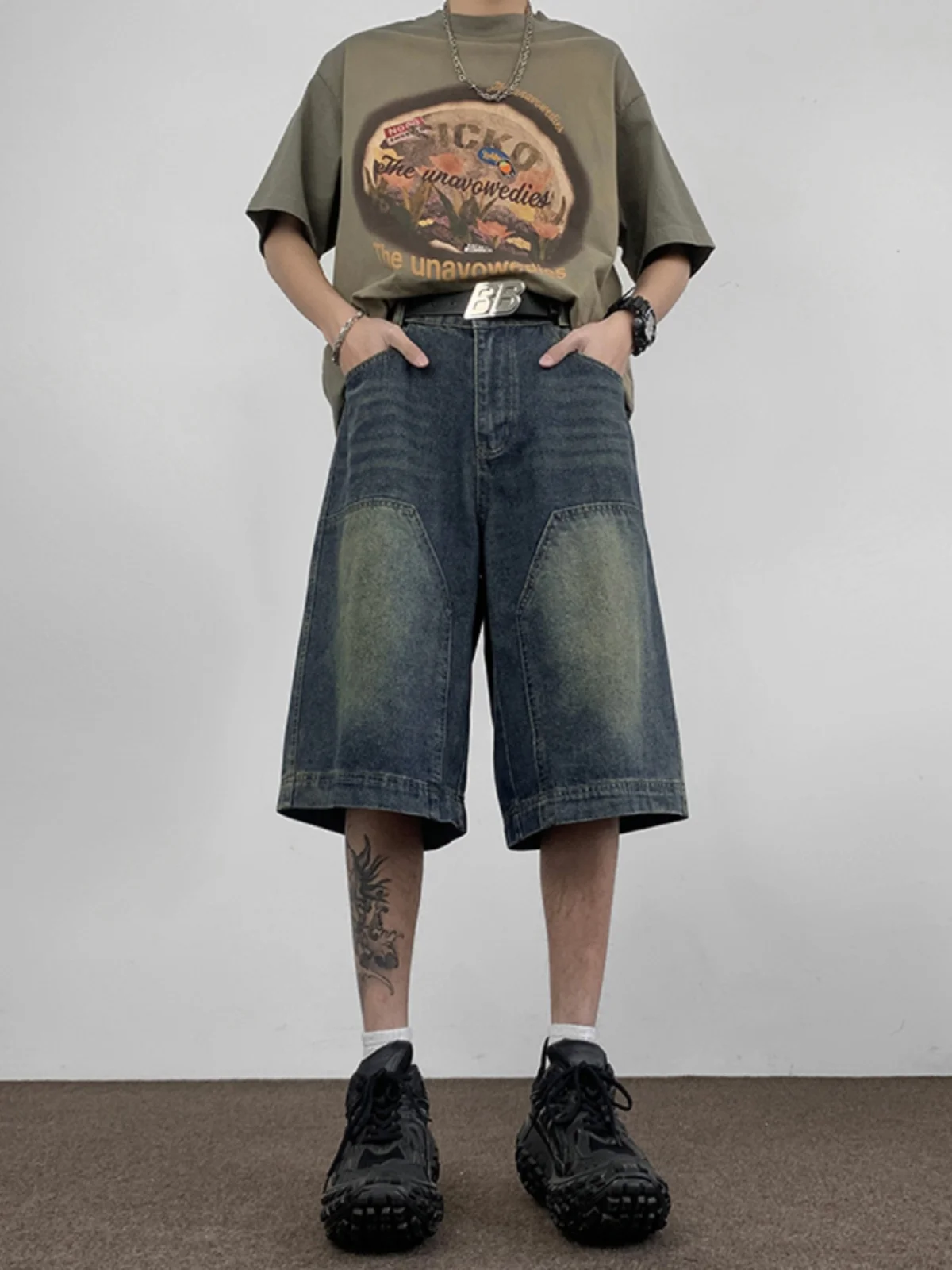 

Retro American Waed Denim orts Men's Summer Trendy Straight Loose Wide Leg Workwear Five-Quarter Mid-Pants Youth Faion