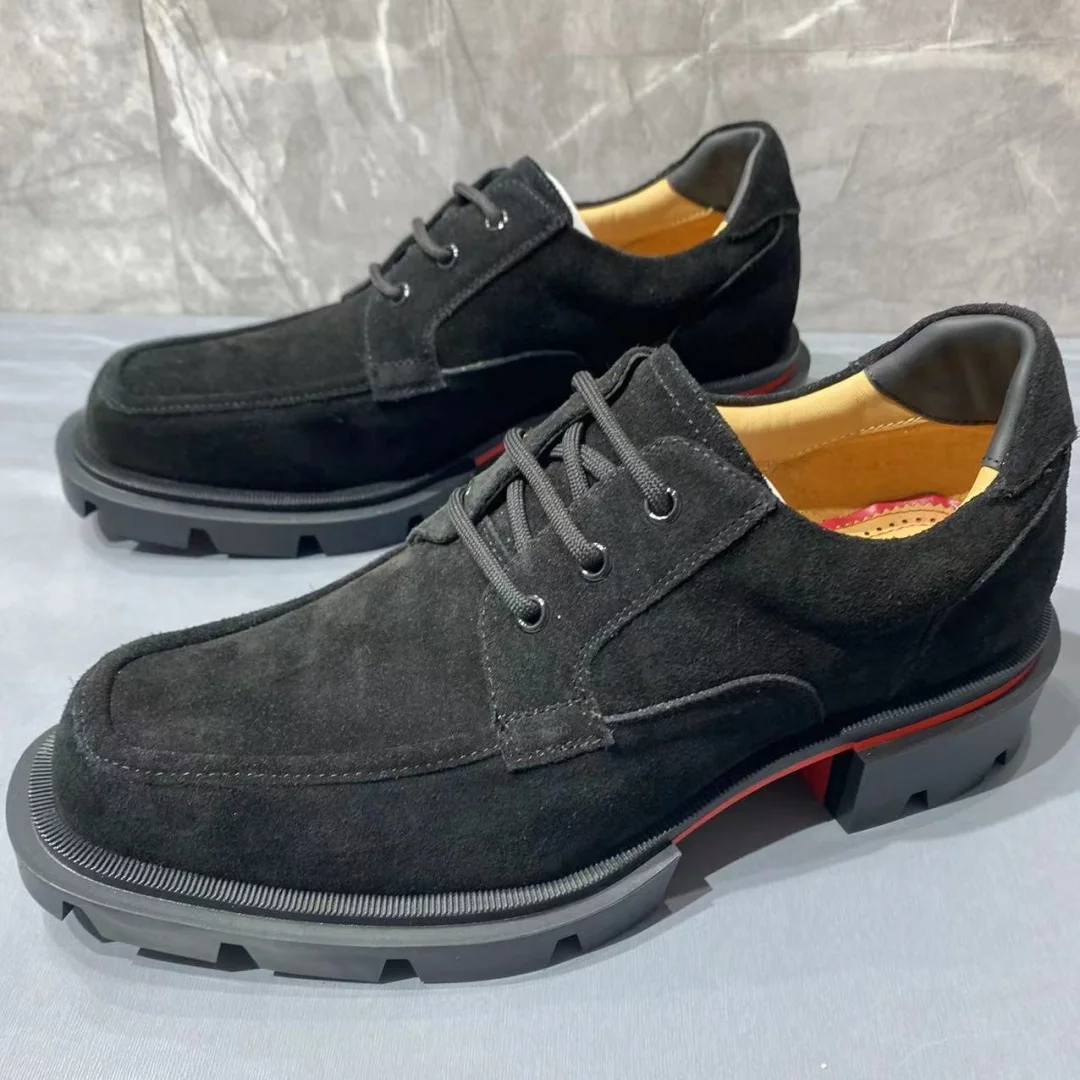 

Black Flannel Leather Men’s Loafers Round Toe Lace-Up Red Sole Sewing Business Shoes For Men Chunky Low Heels Male Size Concise