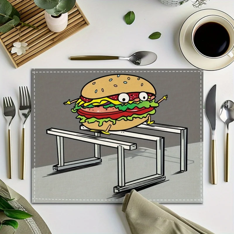 Funny Hamburger Linen Placemat Cartoon Jumping Burger Table Mat Heat Resistant Coaster Dining Bowl Pad Kitchen Decoration