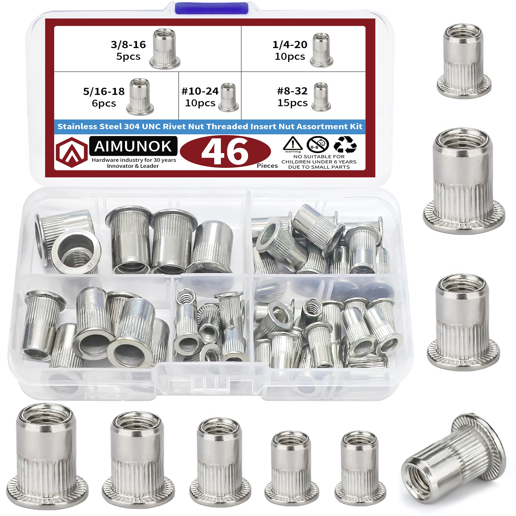 46pcs Stainless Steel 304 Rivet Nut Thread Insert Nut Combination Kit Flat Head knurled Female Rivet with Striated Through Hole