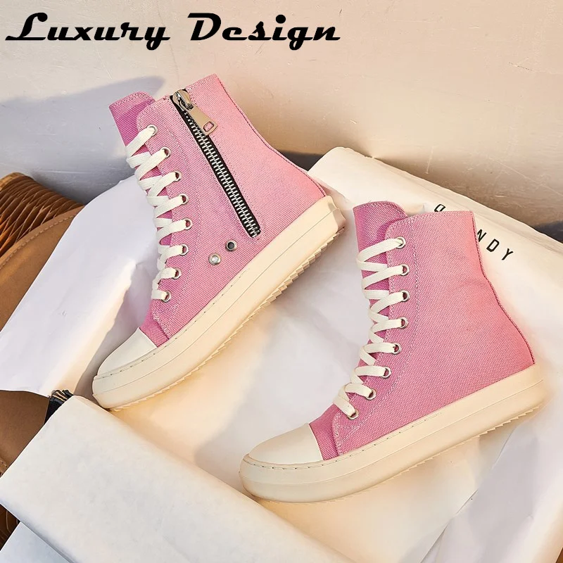 

High-TOP Women Casual Canvas Shoes Luxury Trainers Ankle Lace Up Men Sneakers Zip Hip Hop Streetwear Flats Trendy Boots Unisex