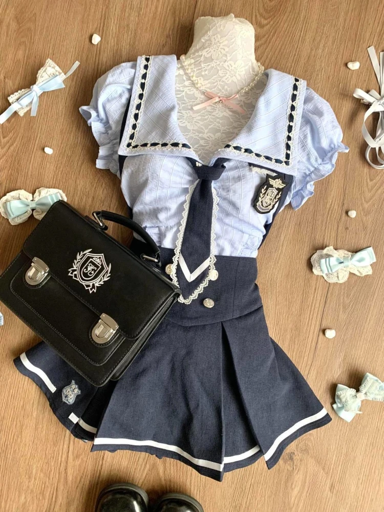 Japanese Sweet Preppy Style 2 Piece Sets Women Y2k Kawaii Design Tops + High Waist Chic Skirt Female Chic Korean Popular Clothes