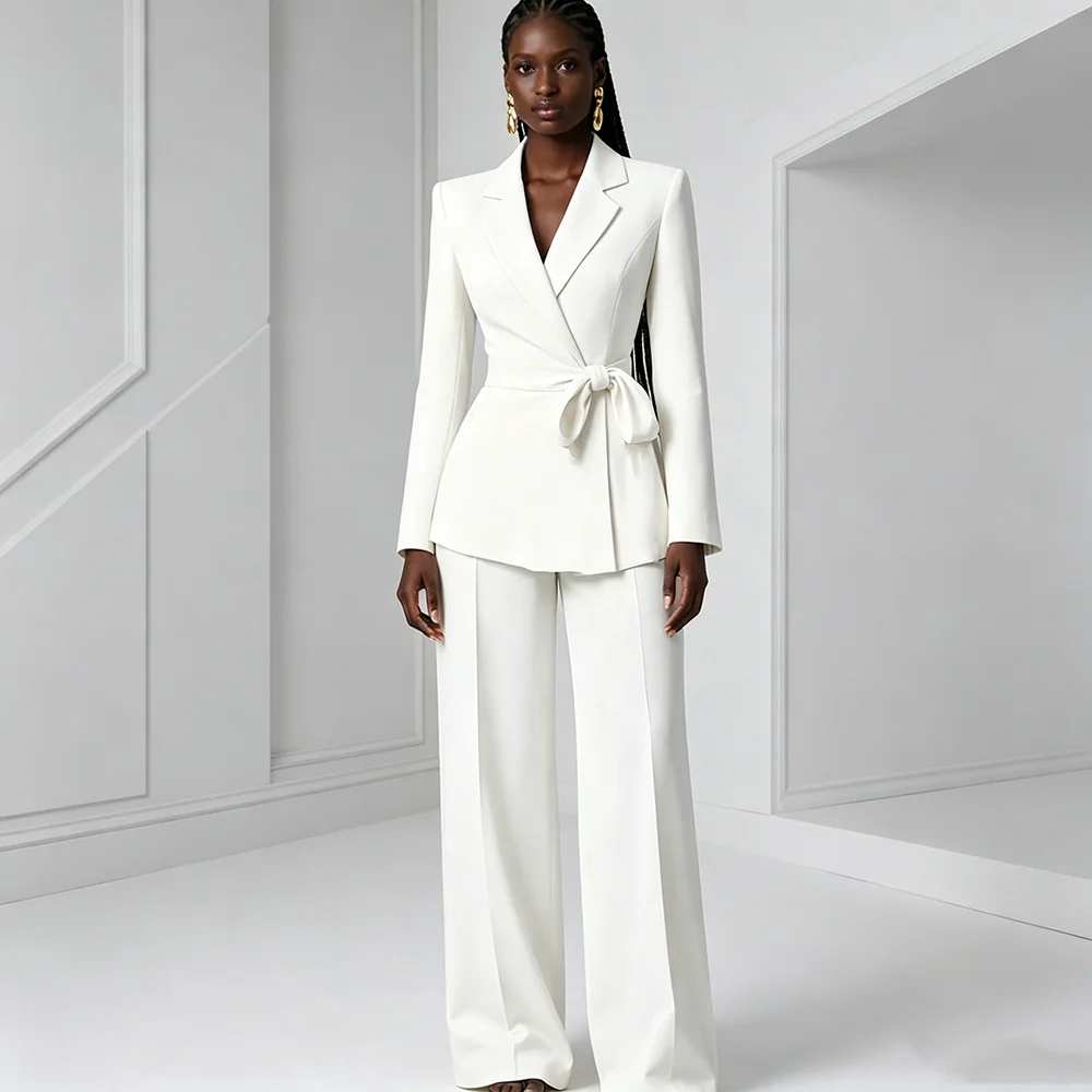 White Pants Suit Woman Luxury 2 Piece Suit For Women Blazer Wide Leg Pants Smart Casual Female Suits Conjuntos De Pantalone