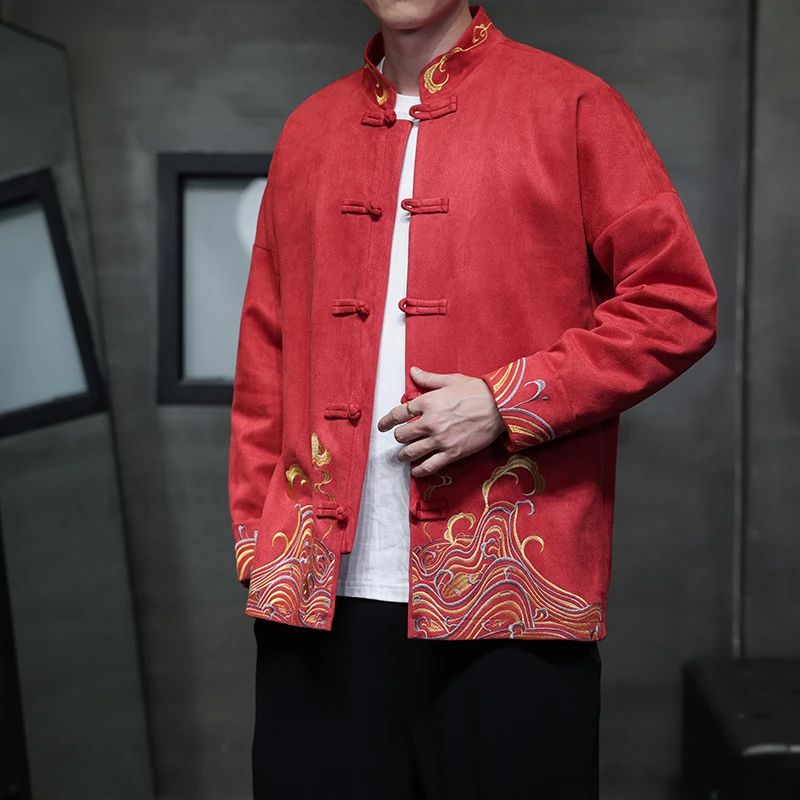 

Осень-зима Thiened Deer Skin Velvet Red Китайский Sle Свадебное представление Новый год Brother up Jaet Мужская верхняя одежда