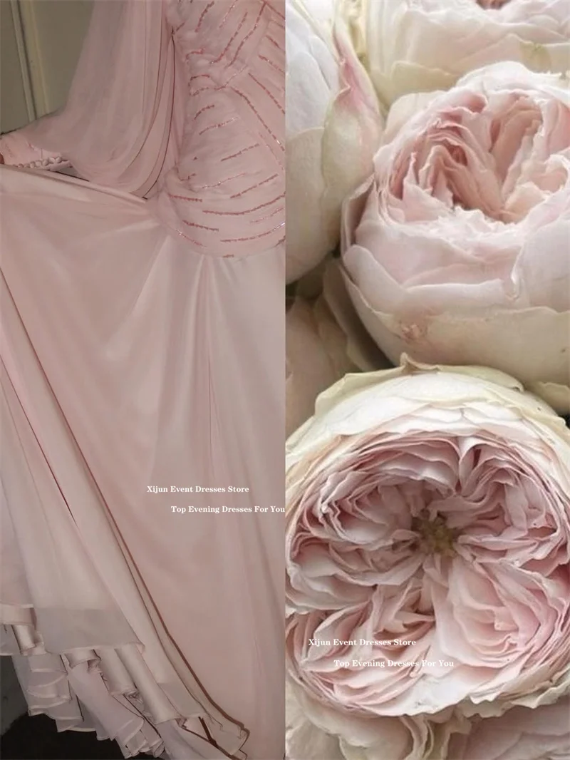 Xijun Modest Blush Pink Chiffon Evening Dresses Beading Pleated Full Sleeves Prom Dresses Luxury Dubai Prom Gowns Customized