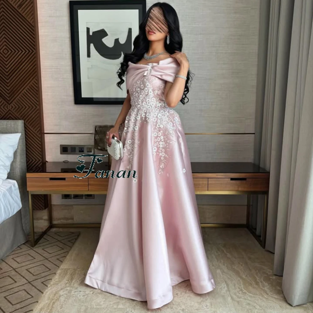Customized Pink Jersey Flower Appliques A-line Evening Dress Off the Shoulder Floor Length Party Dress Draped Backless Prom Gown