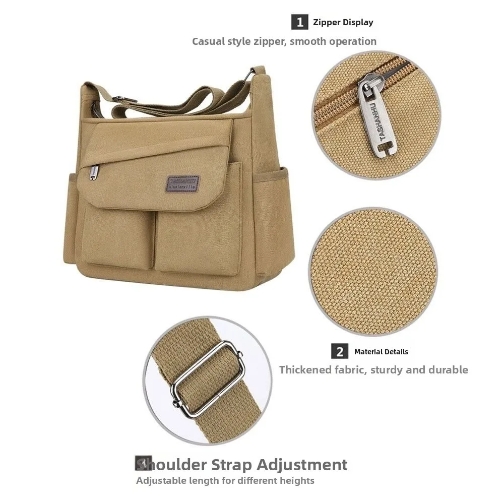 

Casual Large Capacity Men Canvas Shoulder Bag Solid Color Multi Pocket Messenger Bag Korean Style Zipper Crossbody Bag Travel