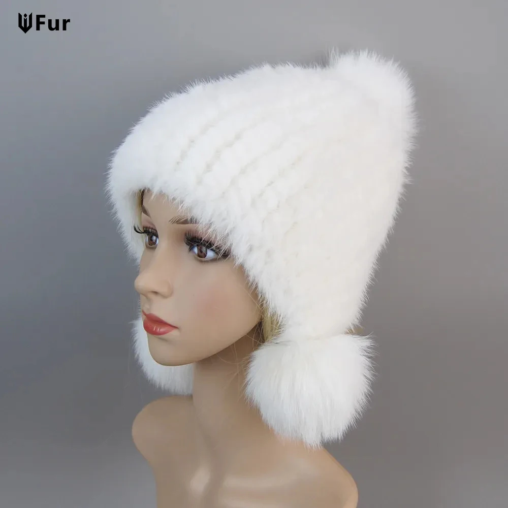 

Real Mink Fur Knitted Hats Autumn Winter Hat Womens Luxury Winter Lady Warm Caps Real Fur Fox Ball Earmuffs Women Knitted Hats