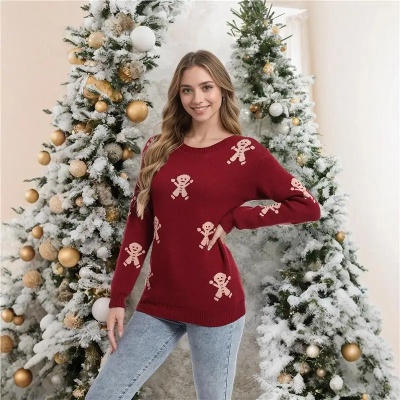 

Autumn Winter New Sle Cisas Cross-border Knitted Cartoon Human Embroidery round Ne Overhead Sweater Women's Top