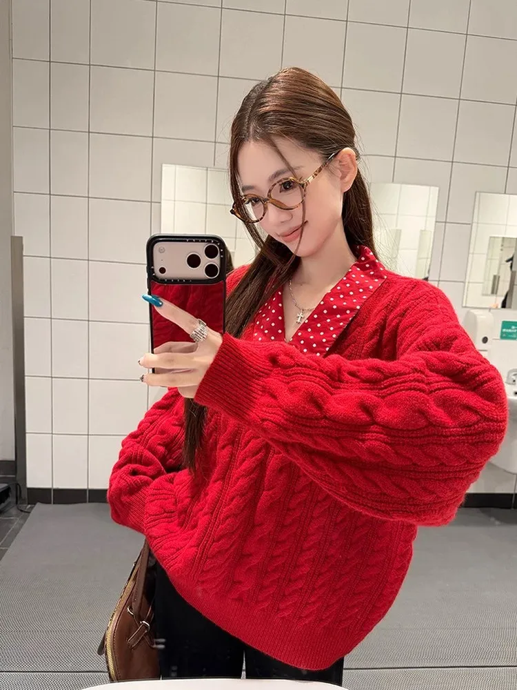

Красный свитер в горошек с контрастными вставками в корейском стиле, комплект из двух предметов для Нового года, большие размеры, женская модная одежда для повседневной носки