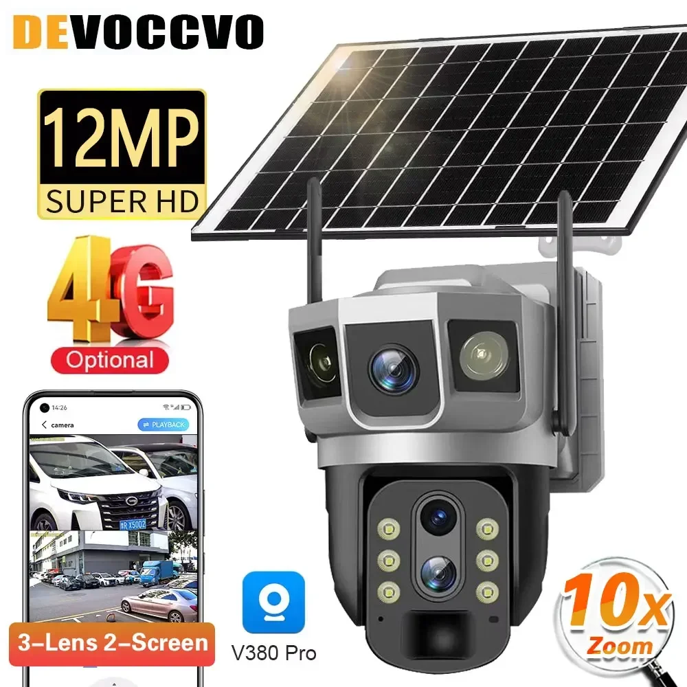 

6K 12MP 10X Zoom WiFi Dual Screen Solar Security Camera Outdoor Three Lens PTZ Human Auto Tracking CCTV Camera V380 Pro APP 256G