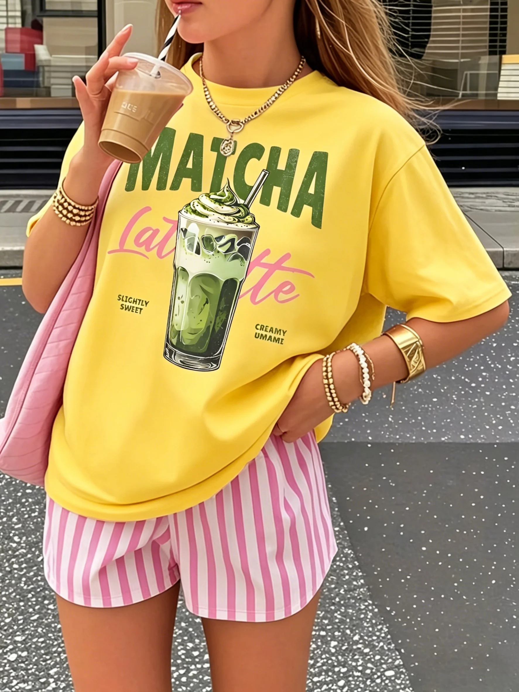 Matcha Latte Retro Iced Coffee Graphic Cotton T-shirt For Women Summer Short Sleeve Coffee Lover Tees Casual Couple Y2K Tops view 5
