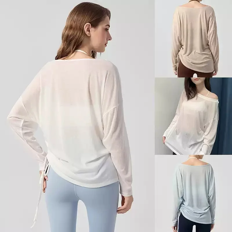 Women Off‑Shoulder Long Sleeve Yoga Cover‑Up Lightweight Loose Fit Side Drawstring Asymmetrical Hem Casual Sports Top for Gym