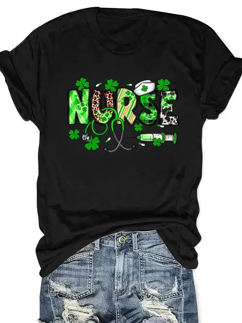 

St. Patrick's Day Nurse Print T-Shirt Casual Crew Neck Short Sleeve Top For Spring & Summer Women's Clothing