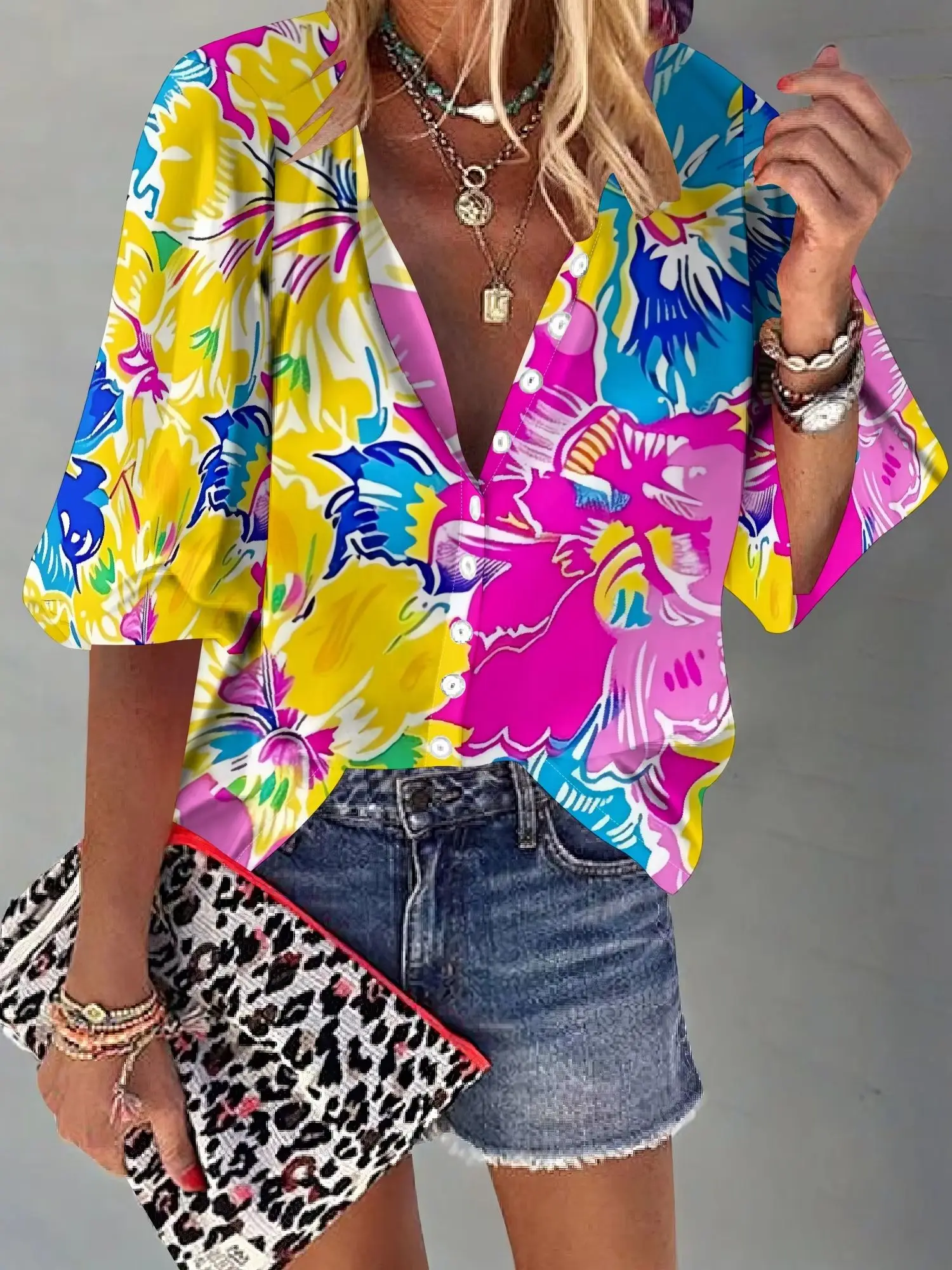 ผู้หญิงธุรกิจสบายๆนีออนดอกไม้พิมพ์เสื้อฤดูร้อน 3/4 แขนเสื้อปุ่มลงเสื้อดอกไม้ V คอเสื้อ