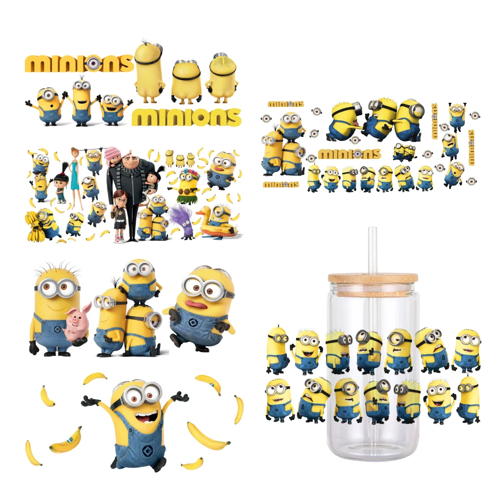 Pegatina de transferencia de Minions de dibujos animados, calcomanías impermeables, UV, DTF, 16oz, para envolver tazas de vidrio