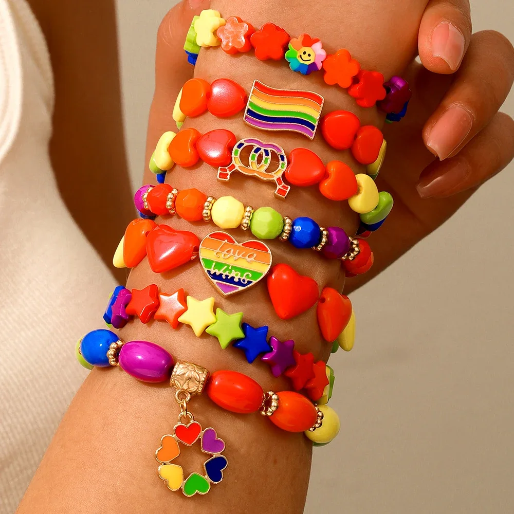

7Pc/s Simple Creative Design Love Five-Pointed Star Rainbow Flag Color Simple Fashion Wind Elastic Beaded Bracelet Set for Women