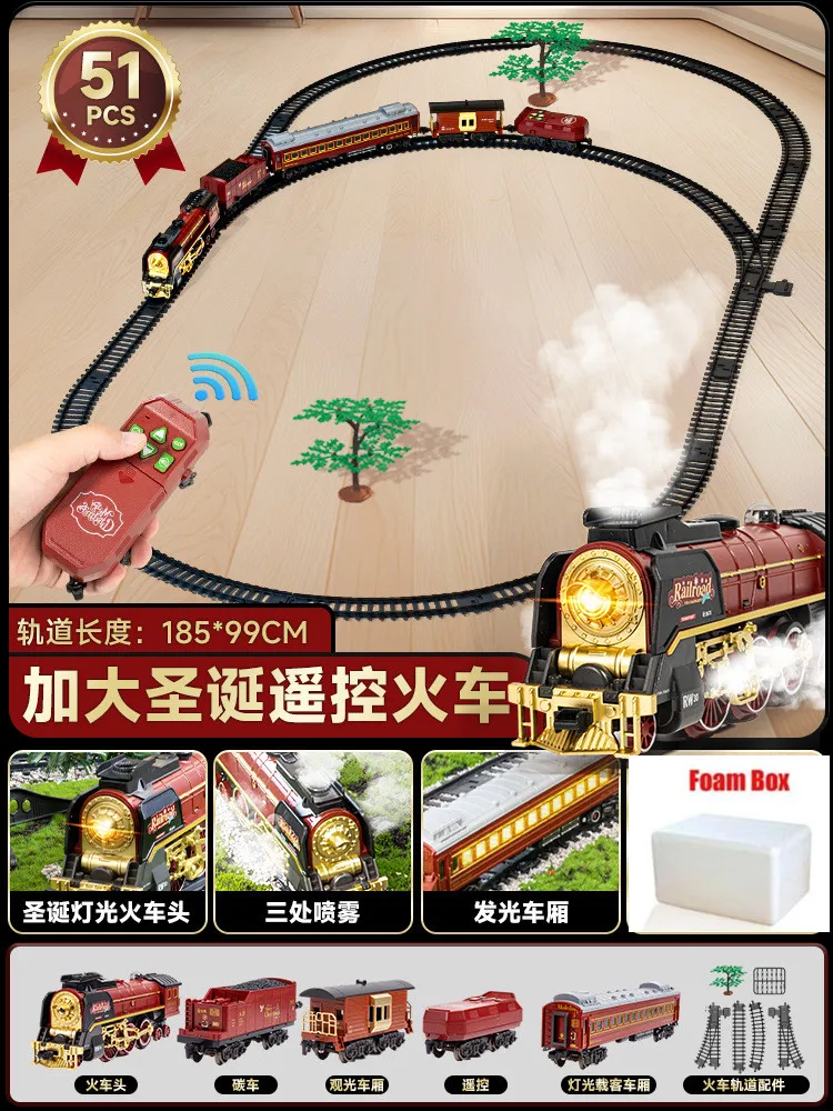 Smoke Simulation Steam Retro Model Train Electric Rail Car 2.4Ghz Remote Control Train Toys With Smokes, Light & Sound