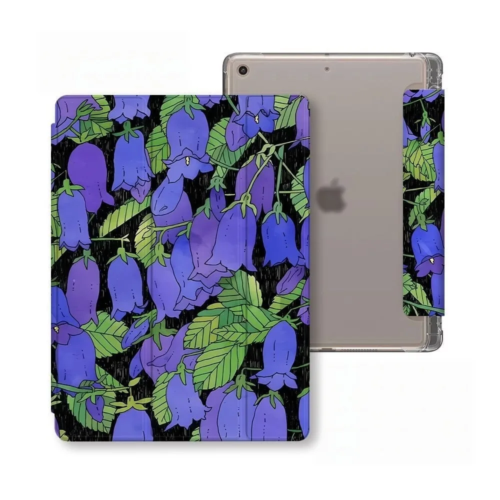 Purple Bellflower Floral Print Pen Slot Tablet Case For iPad 2026 Air 8 7 6 4 3 2 1 Pro 2024 11in 12th 11 10 9 8 7 6 5th Cover