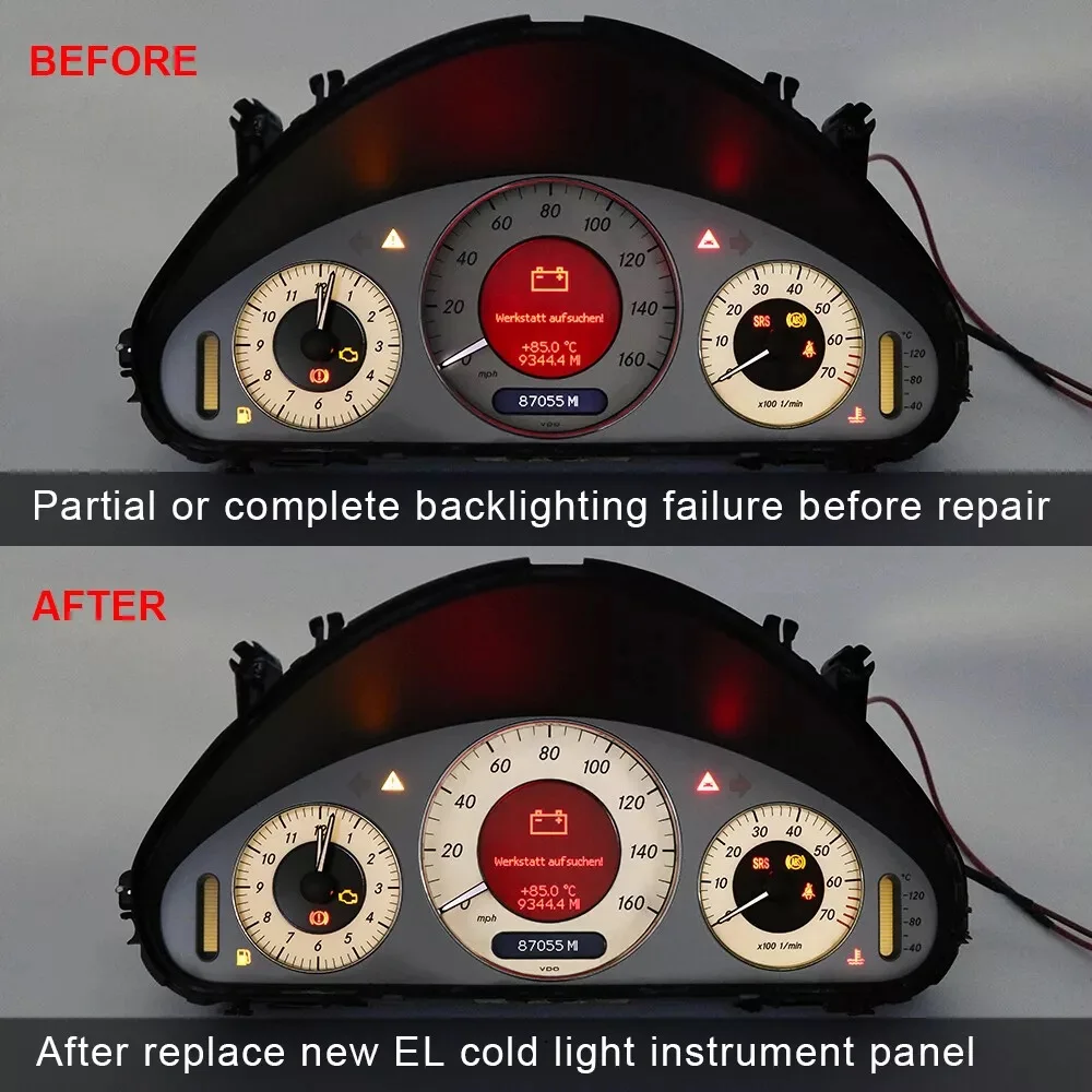 160MPH Weiß-Schwarzes Zifferblatt mit EL-Kaltlicht-Overlay für Mercedes W211 E320 E350 E500 E55 E63 W209 C219 Instrumentencluster – Detail 6