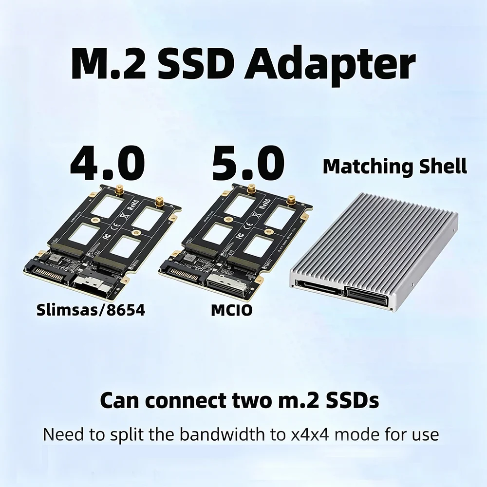 SlimSAS / MCIO to Dual M.2 NVMe 2280 Adapter Aluminum Enclosure PCIe 4.0 / 5.0 Gen4/ Gen5 2x NVMe SSD Converter Card High Speed