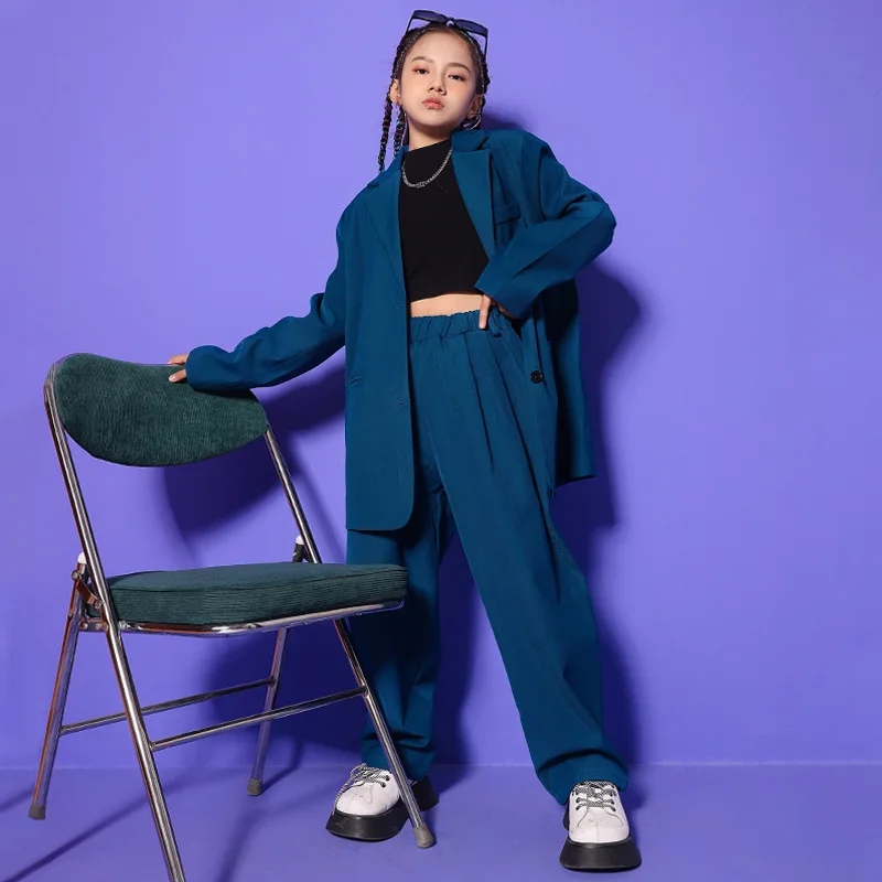 

Theeper Blue Blazer Hip Hop Matching Set Jazz Stage Outfit Trendy Runway Performance Attire Loose Fashion Street Dance Tracksuit