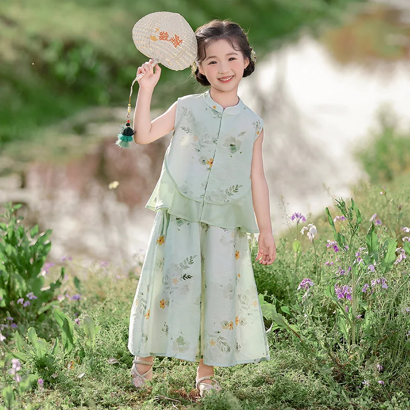 

2025 Summer New Girls Tang Suit Hanfu Set Chinese Style Perform Costume Kids Student School Uniform Baby Children Birthday Gift