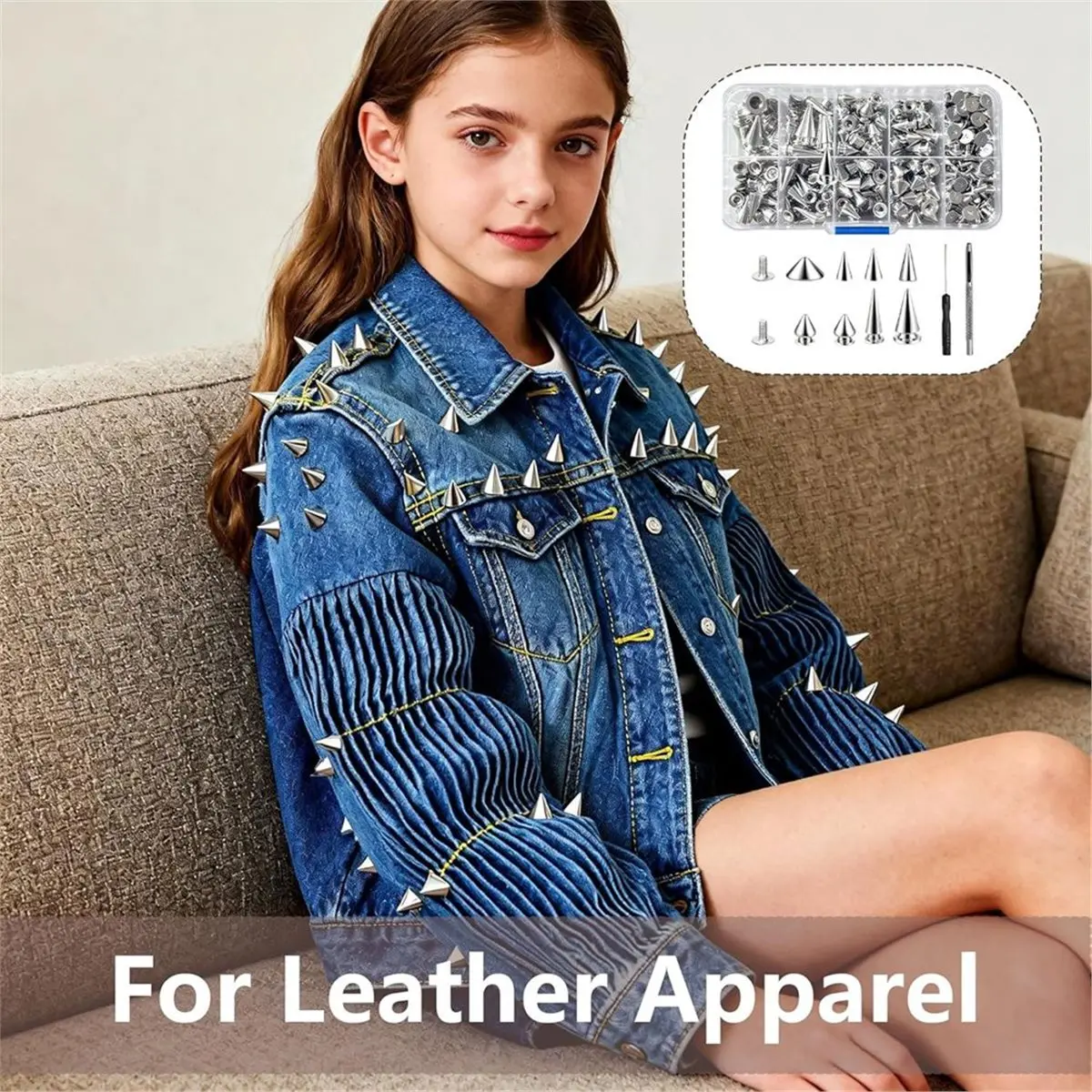 

Набор инструментов для рукоделия: 354 шт. металлических шипов и заклепок - 8 размеров конусных шипов, металлические шипы-гвоздики для DIY-изделий из кожи