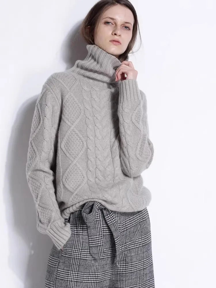 Autumn and winter high-necked heavy cashmere sweater women lazy wind twisted loose sweater thick knitted sweater solid color top