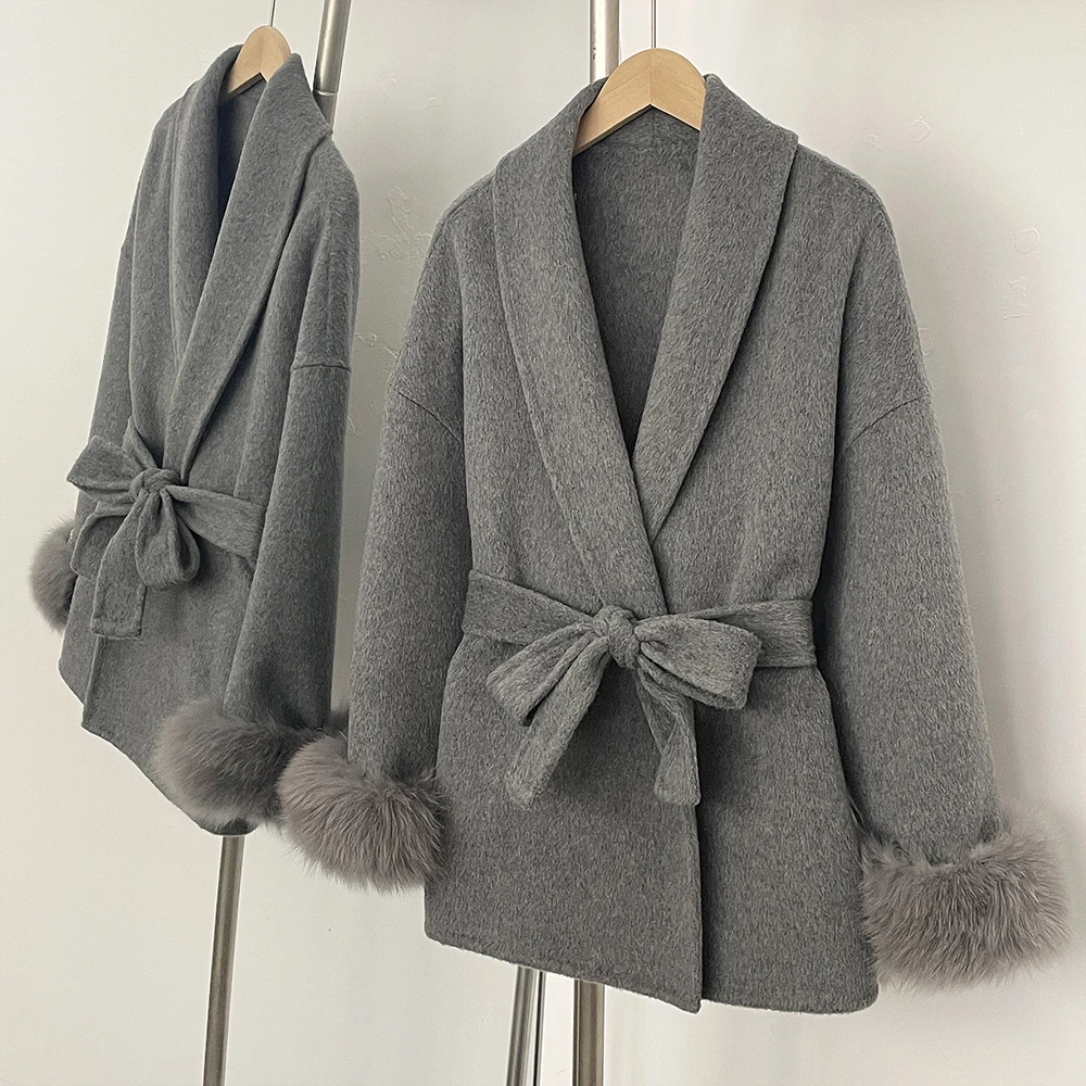 Coat Women Woolen Lady Overcoat Fox Fur Wool Coat Patchwork Woolen Coat Beautiful Mongolian Fur Women Wool Jacket Autumn Spring