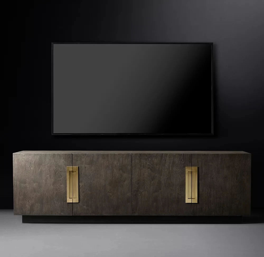 غرفة معيشة فيلا حديثة أرضية عائمة وخزانة تلفزيون ووحدة تحكم وسائط من خشب البلوط بتصميم بسيط عائم ثابت #3