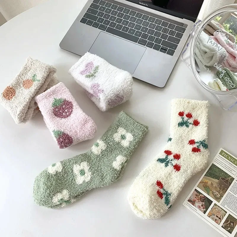 Women Socks Kawaii Cute Strawberry Cherry Flowers Winter Thicken Warm Soft Coral Fleece Thermal Homewear Floor Sleeping Socks