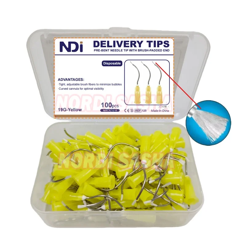 

50/100 шт. одноразовые насадки для снятия стоматологии, предварительно изогнутые насадки для игл с накидкой на кончике с щеточной подкладкой, 19-G желтые металлические насадки для игл для настора