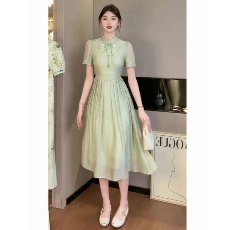 New Chinese Light National Style Green Dress Summer New Women\'s Elegant Women\'s Daily Beauty Improvement Qipao Dress