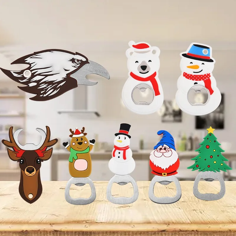 Christmas Bottle Opener Santa Snowman Elk Beer Eagle Silicone Stainless Steel Beer Openers Fridge Magnets Kitchen Tools Openers