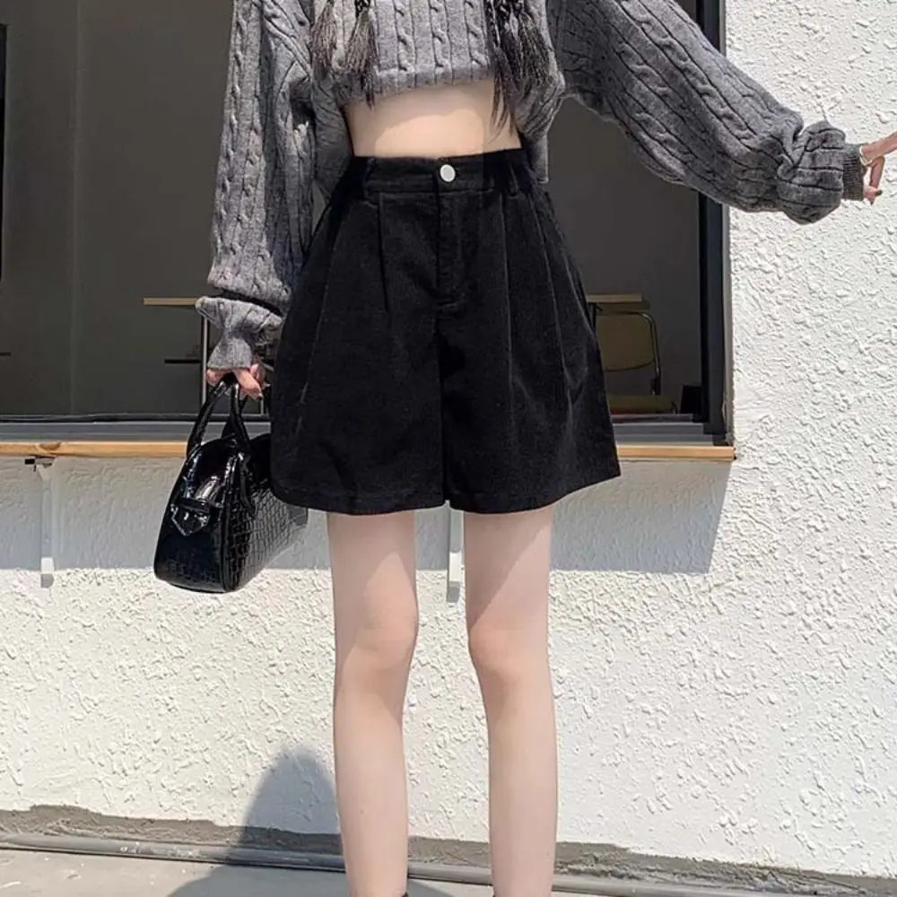 Casual High Waist Women Corduroy Shorts Stripe Two Pockets Wide Leg Short Pants Large Size Elastic Loose Streetwear Ladies