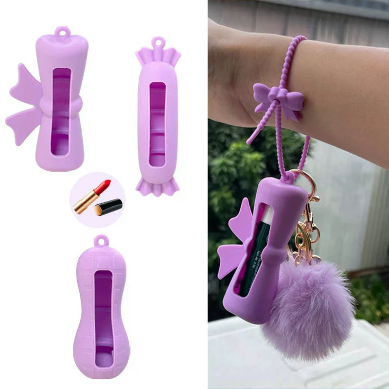 Bogen Süßigkeiten Erdnuss Form Silikon Lippenstift Abdeckung Schlüsselanhänger Tragbare Einfarbig Lippenstift Lagerung Tasche Leichte Lippenbalsam Halter