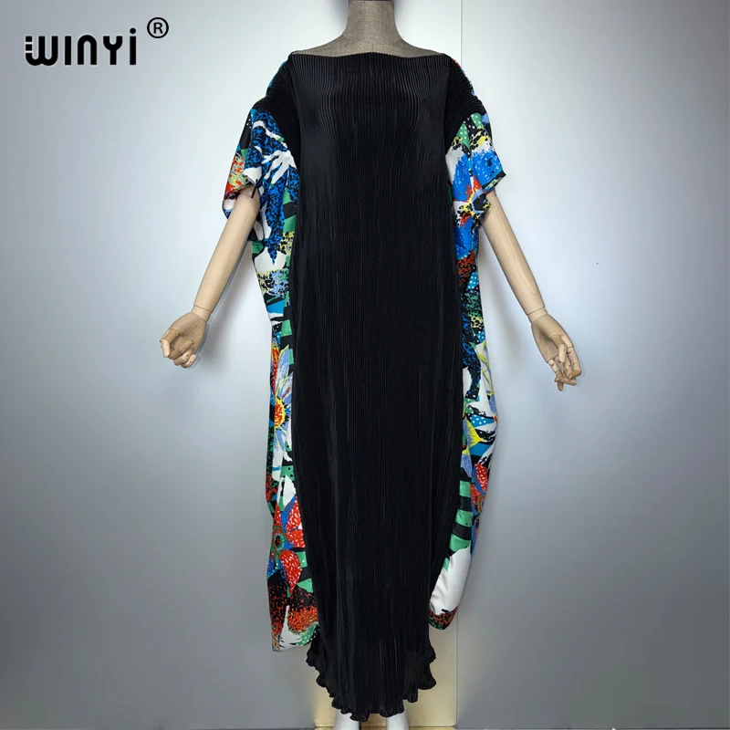 WINYI Pleated Elastic loose dress holiday beach cover up maxi kaftan abaya dubai luxury party dresses Big skirt evening dress